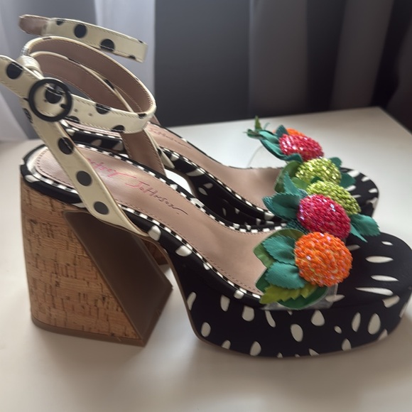 Betsey Johnson Black Platform Shoes with Playful Pom-Poms - Picture 1 of 4